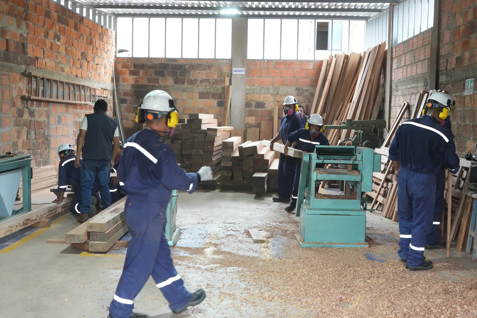 Vista general de la nave del taller: aserrín en el piso, maquinaria verde de carpintería y varias personas trabajando entre pilas de madera